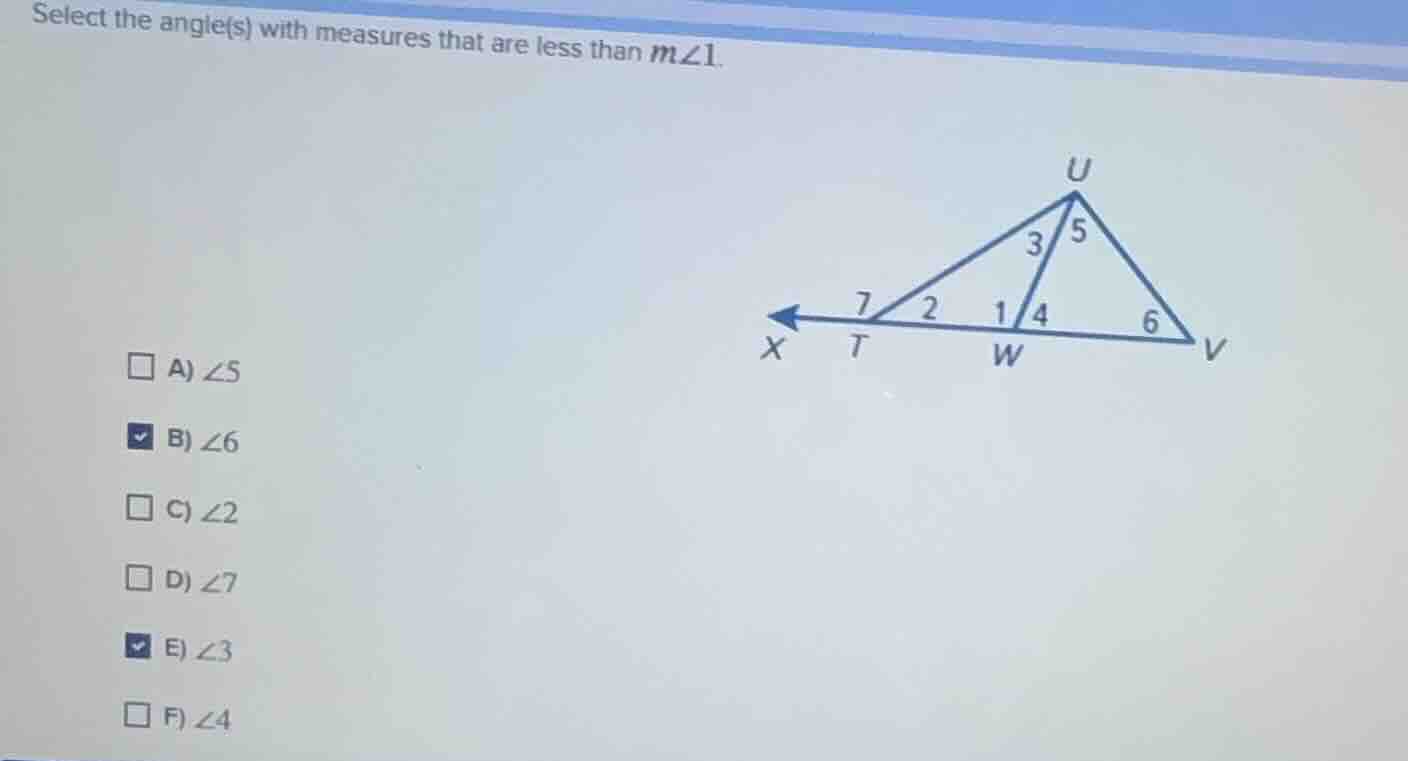 select the angle(s) with measures that are less than $m\\angle 1$. a) $…