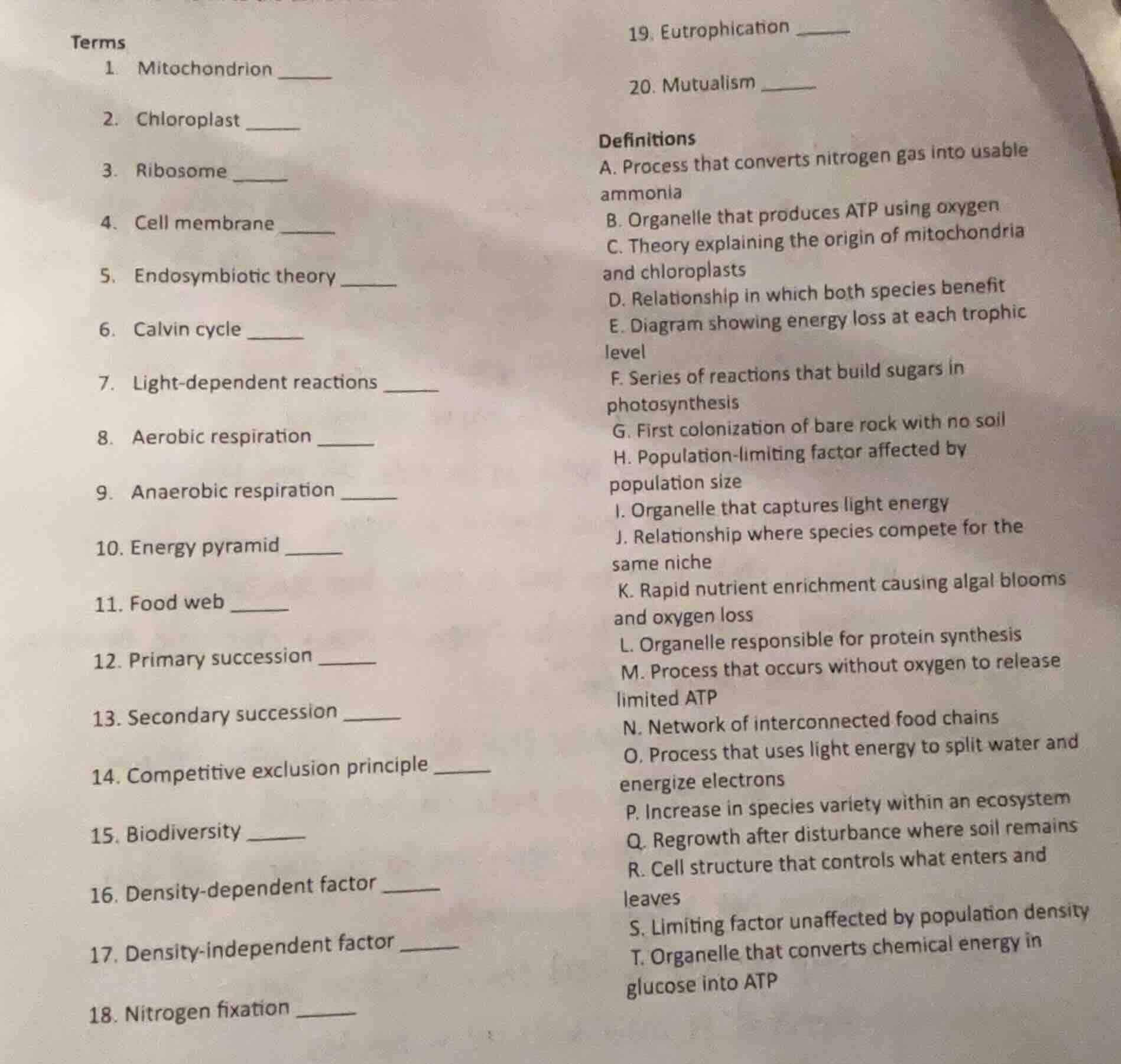 terms 1. mitochondrion ______ 2. chloroplast ______ 3. ribosome ______ …