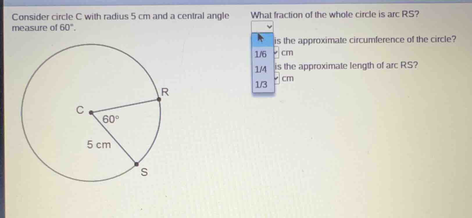 consider circle c with radius 5 cm and a central angle measure of 60°. …