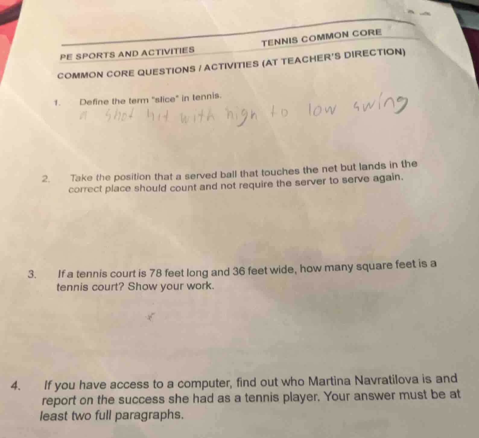 pe sports and activities tennis common core common core questions / act…