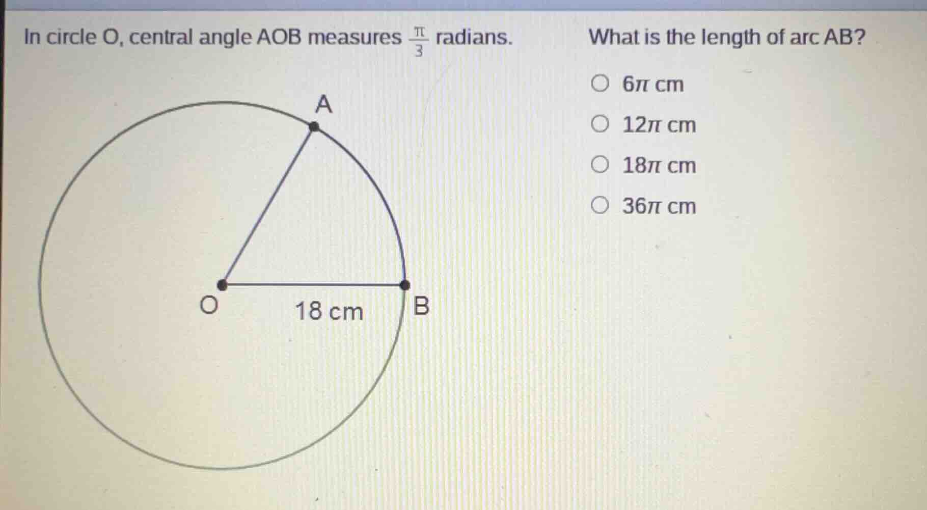 in circle o, central angle aob measures \\(\\frac{\\pi}{3}\\) radians. …