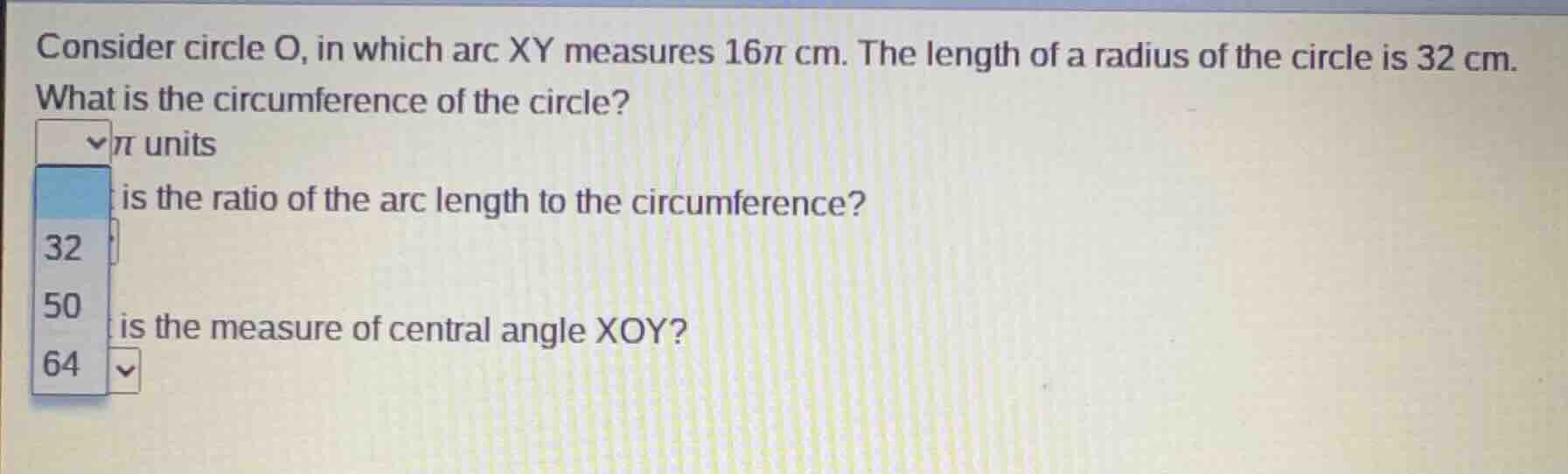 consider circle o, in which arc xy measures $16\\pi$ cm. the length of …