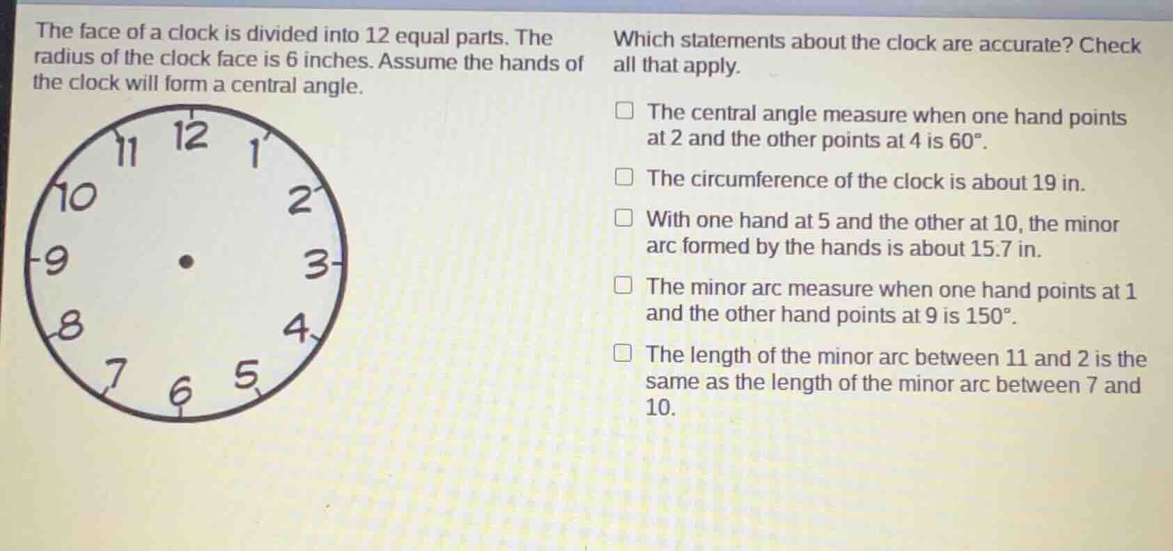 the face of a clock is divided into 12 equal parts. the radius of the c…
