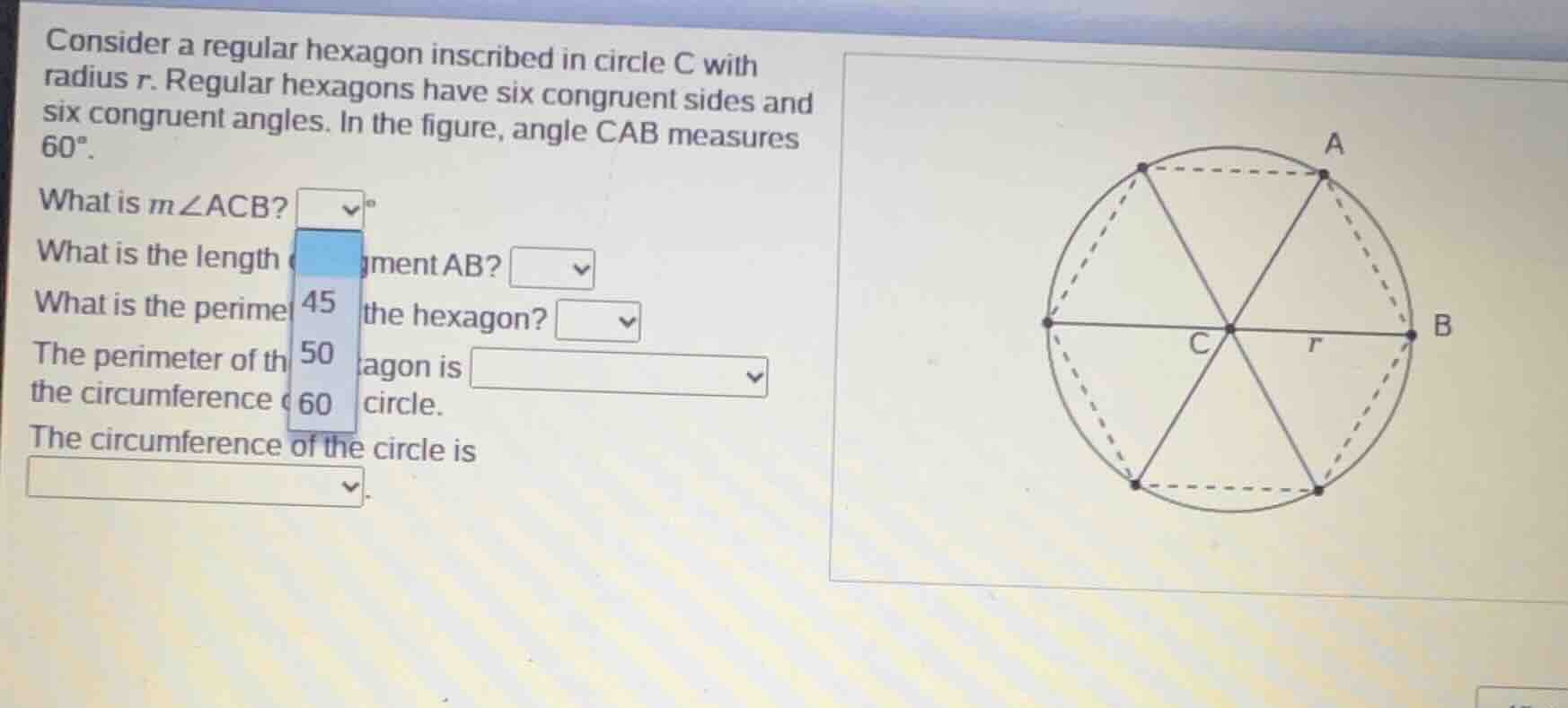 consider a regular hexagon inscribed in circle c with radius r. regular…