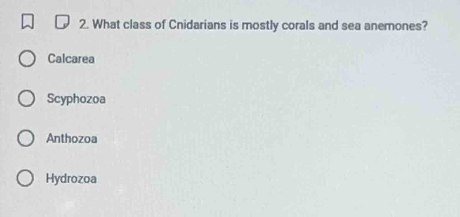2. what class of cnidarians is mostly corals and sea anemones? ○ calcar…