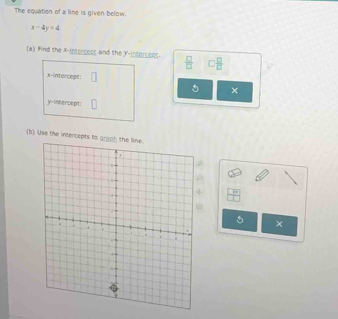 the equation of a line is given below. x - 4y = 4 (a) find the x-interc…