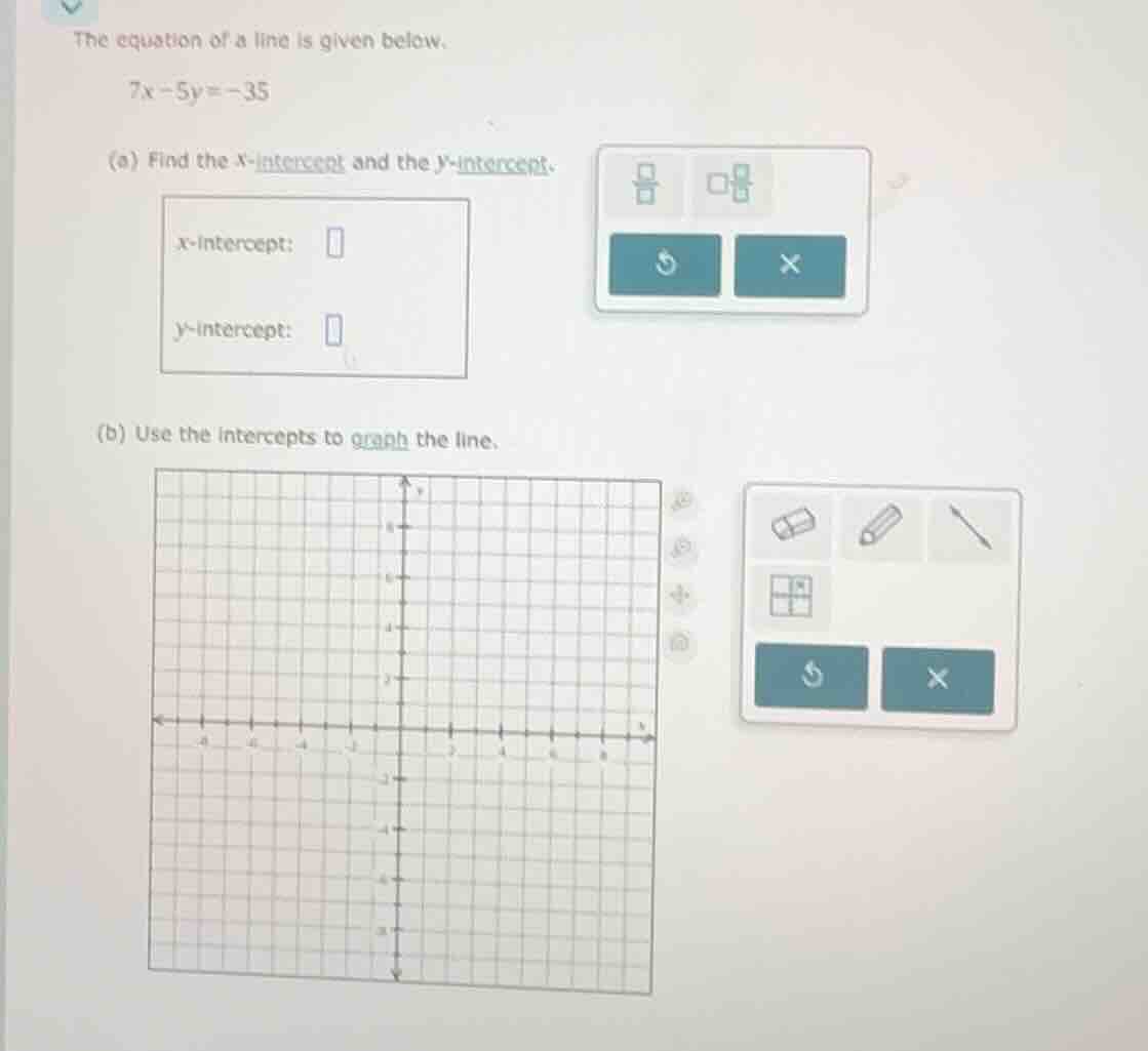 the equation of a line is given below. $7x - 5y = -35$ (a) find the x-i…