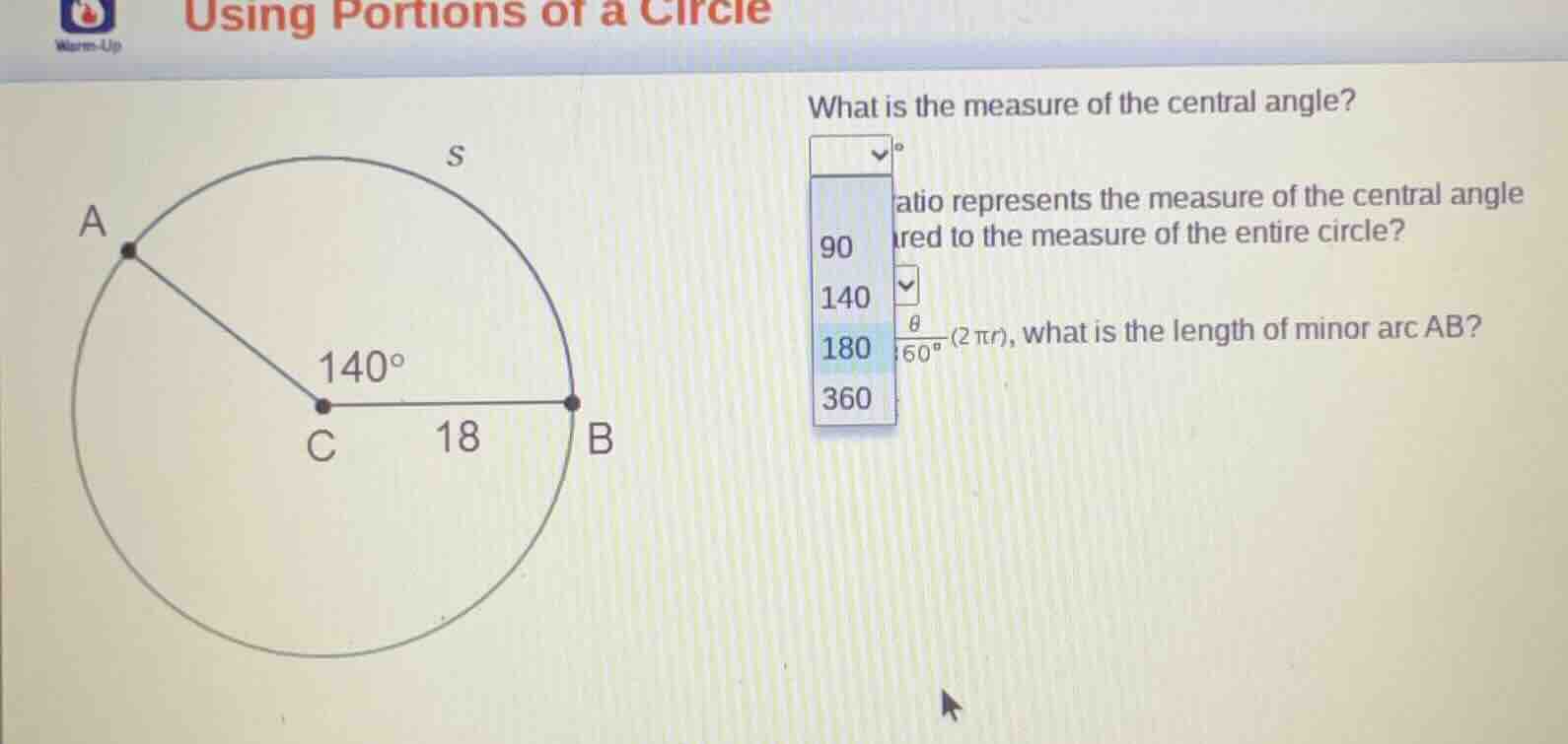 using portions of a circle what is the measure of the central angle? ° …