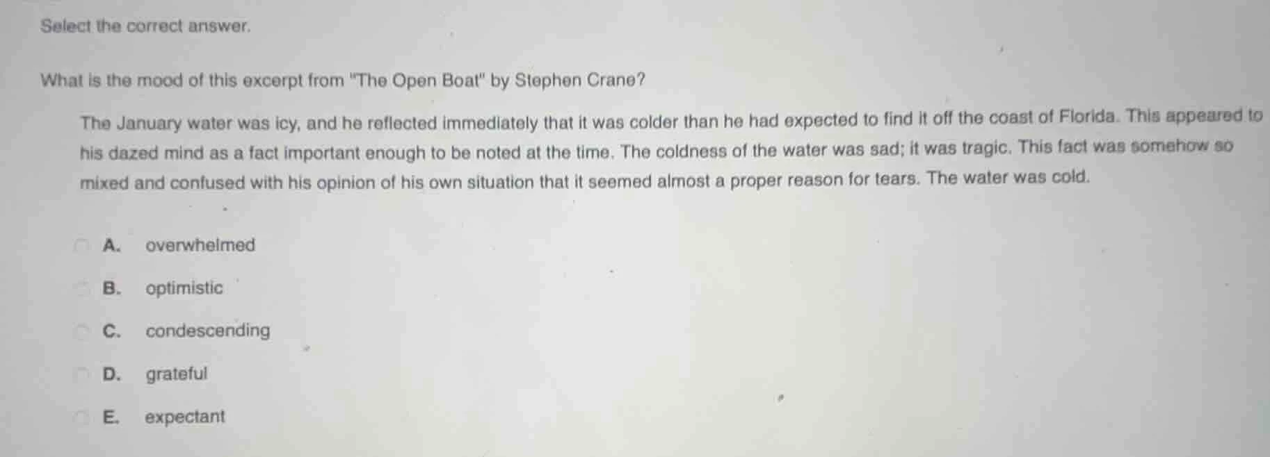 select the correct answer. what is the mood of this excerpt from \the o…