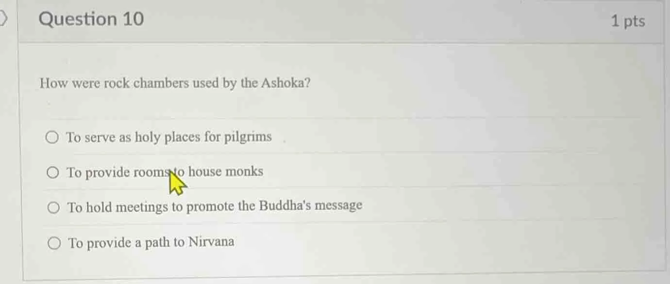 question 10 1 pts how were rock chambers used by the ashoka? to serve a…