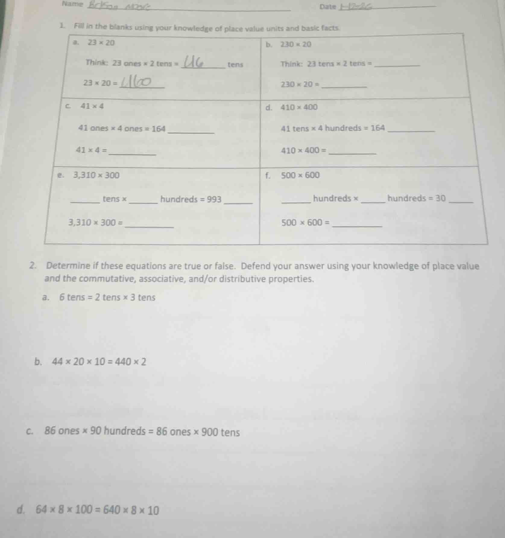 name date 1. fill in the blanks using your knowledge of place value uni…