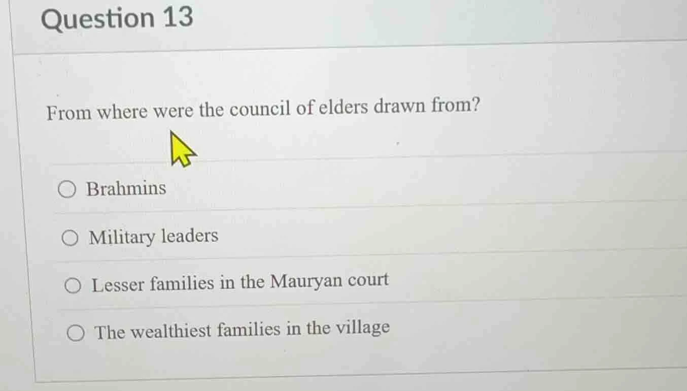 question 13 from where were the council of elders drawn from? ○ brahmin…