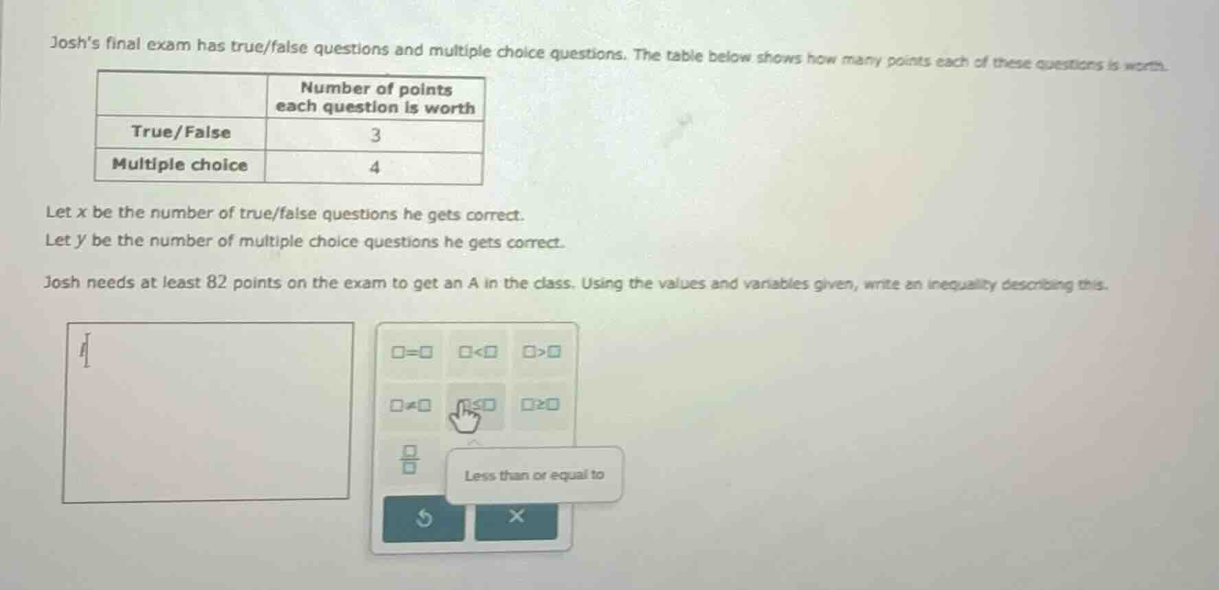 josh’s final exam has true/false questions and multiple choice question…