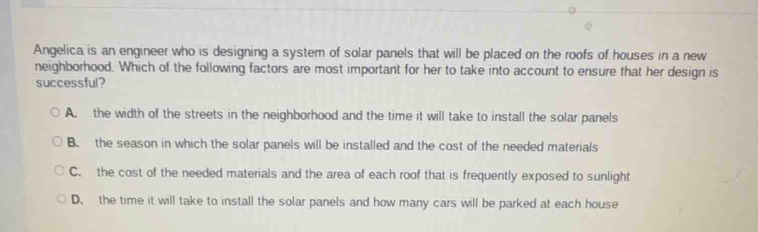 angelica is an engineer who is designing a system of solar panels that …