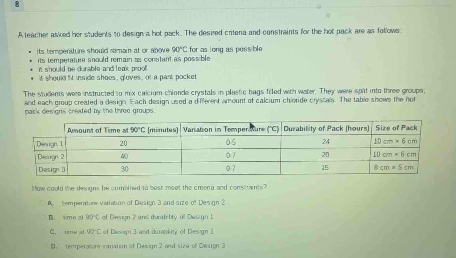 a teacher asked her students to design a hot pack. the desired criteria…