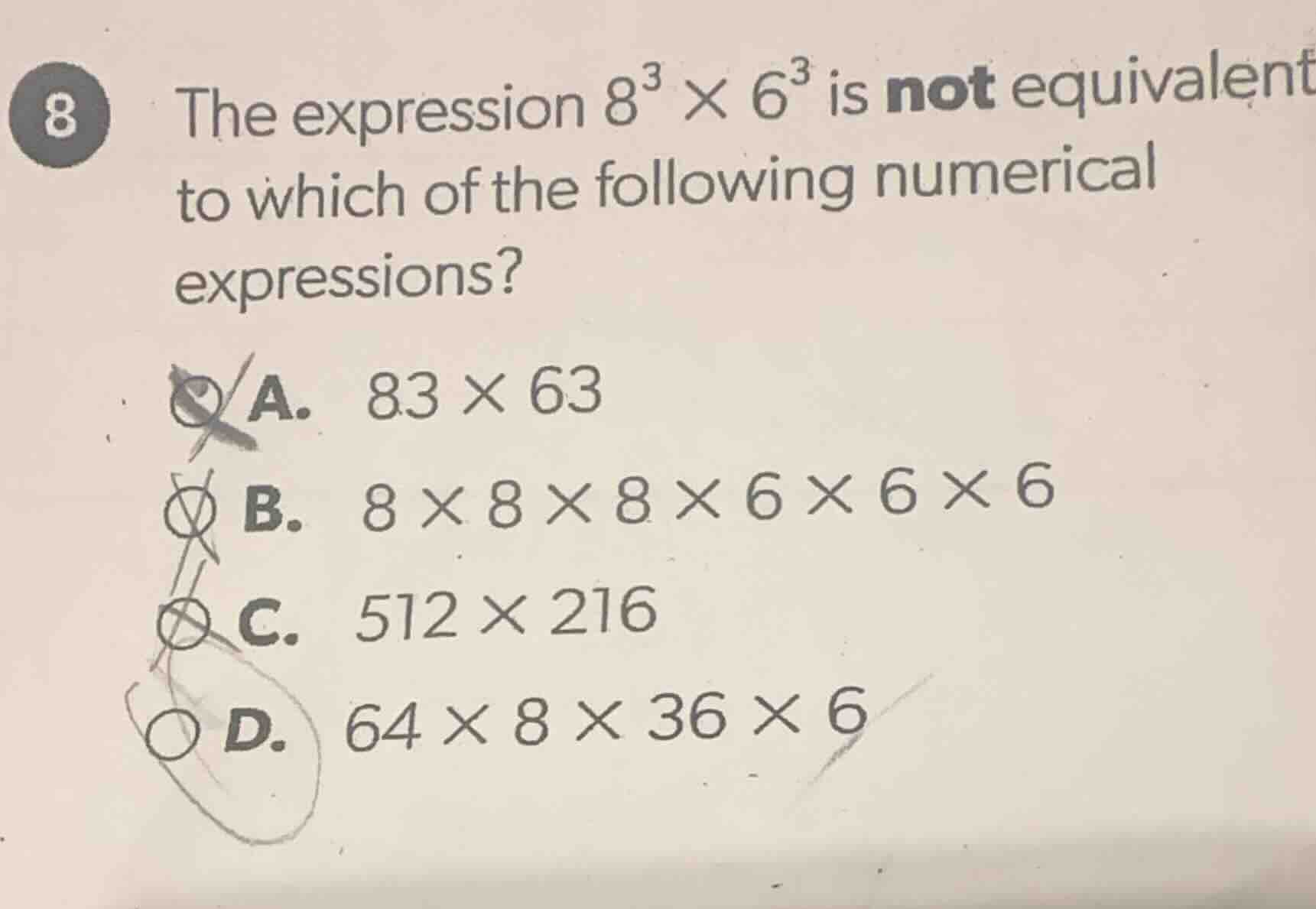 8 the expression $8^3 \\times 6^3$ is not equivalent to which of the fo…