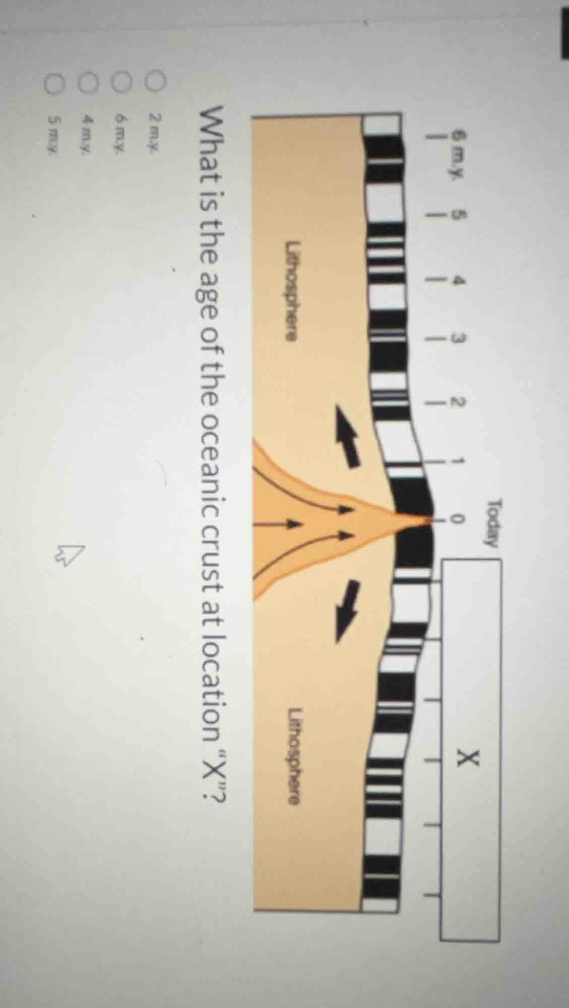 what is the age of the oceanic crust at location \x\? 2 m.y. 6 m.y. 4 m…