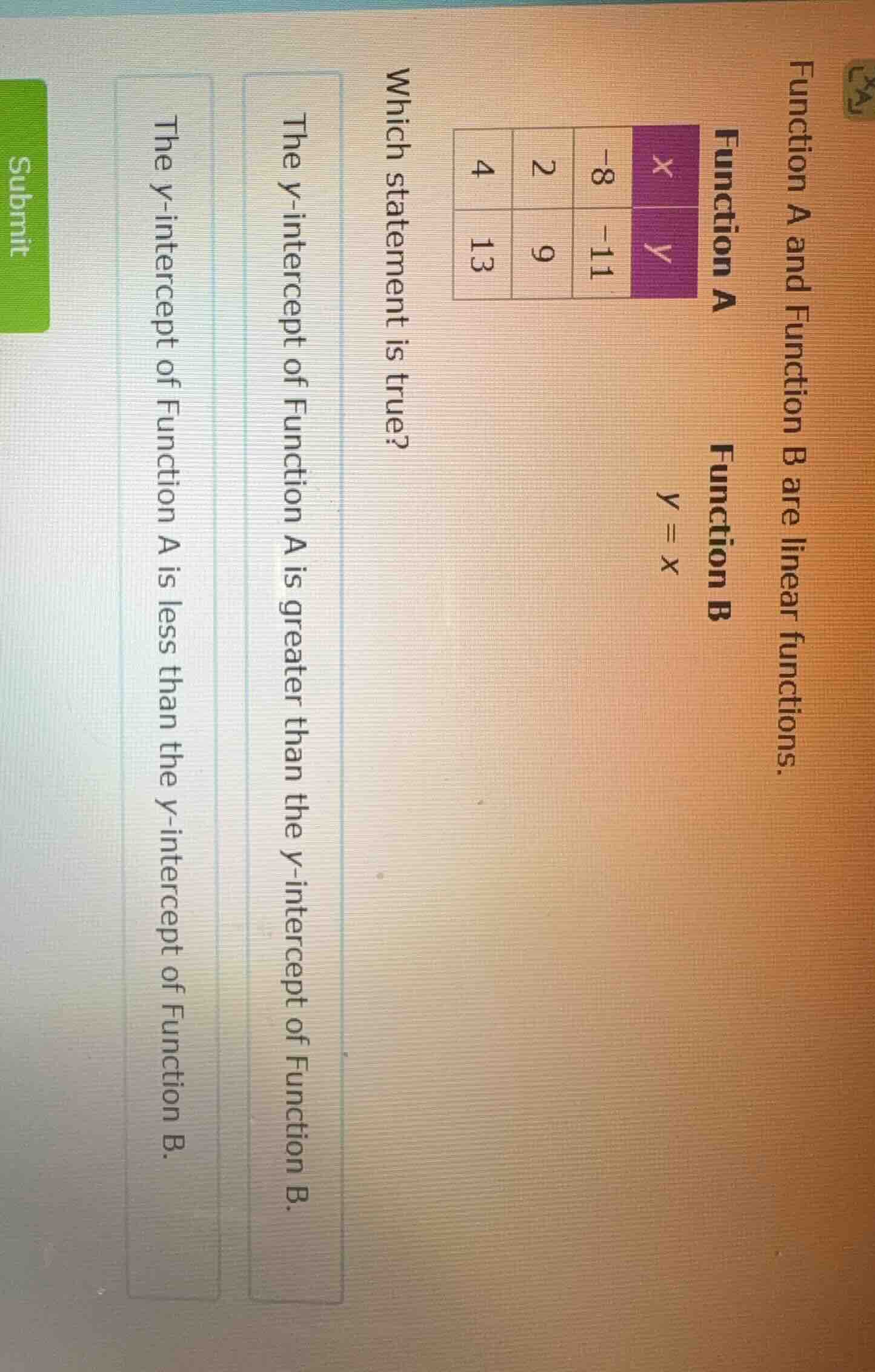function a and function b are linear functions. function a x | y -8 | -…