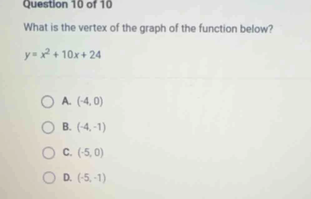 question 10 of 10 what is the vertex of the graph of the function below…