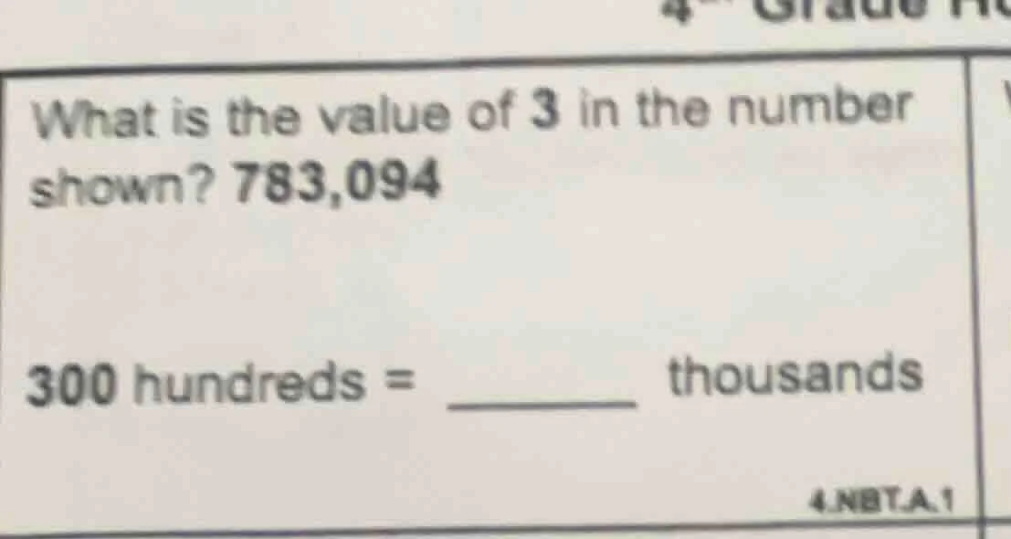 what is the value of 3 in the number shown? 783,094 300 hundreds = ____…