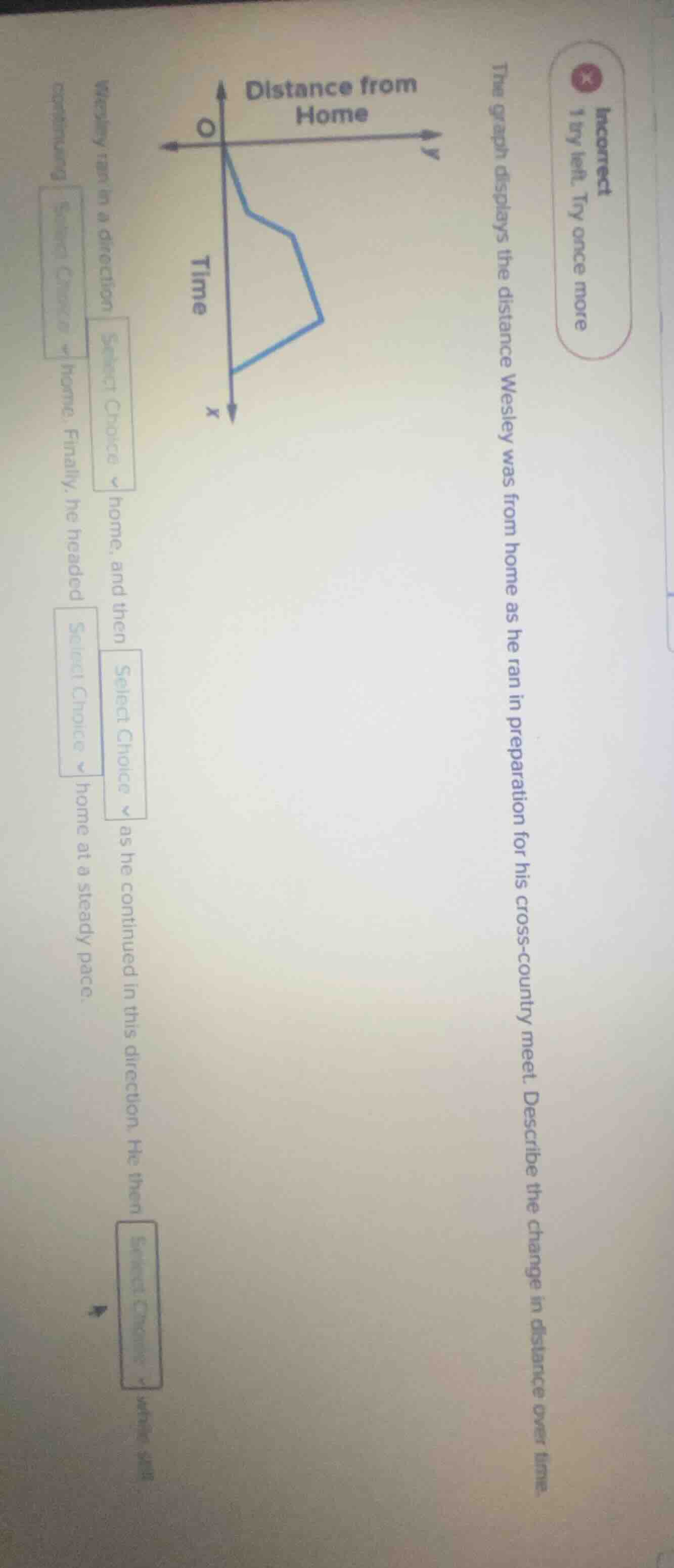 incorrect 1 try left. try once more the graph displays the distance wes…