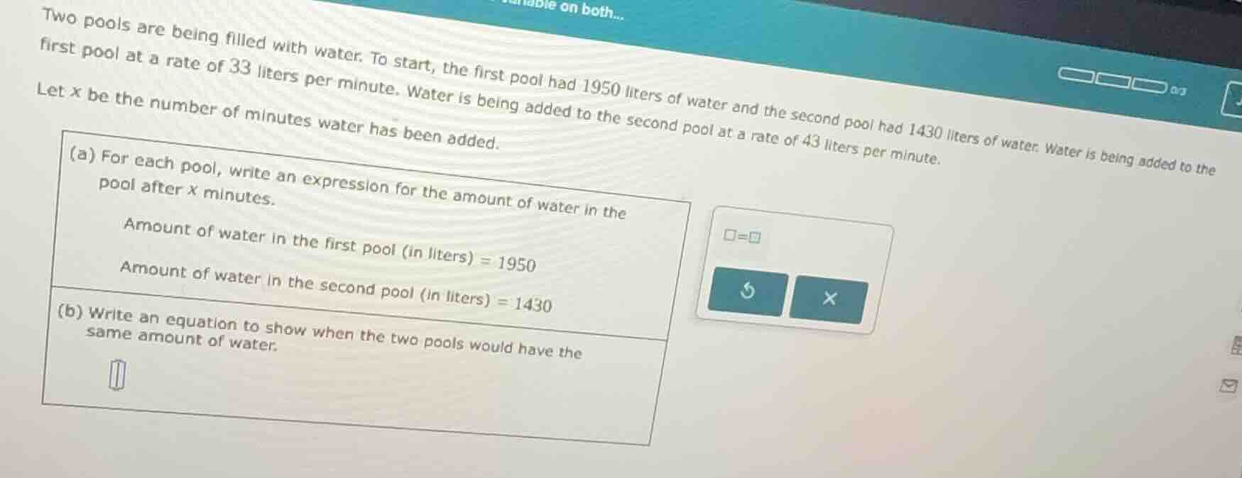 two pools are being filled with water. to start, the first pool had 195…