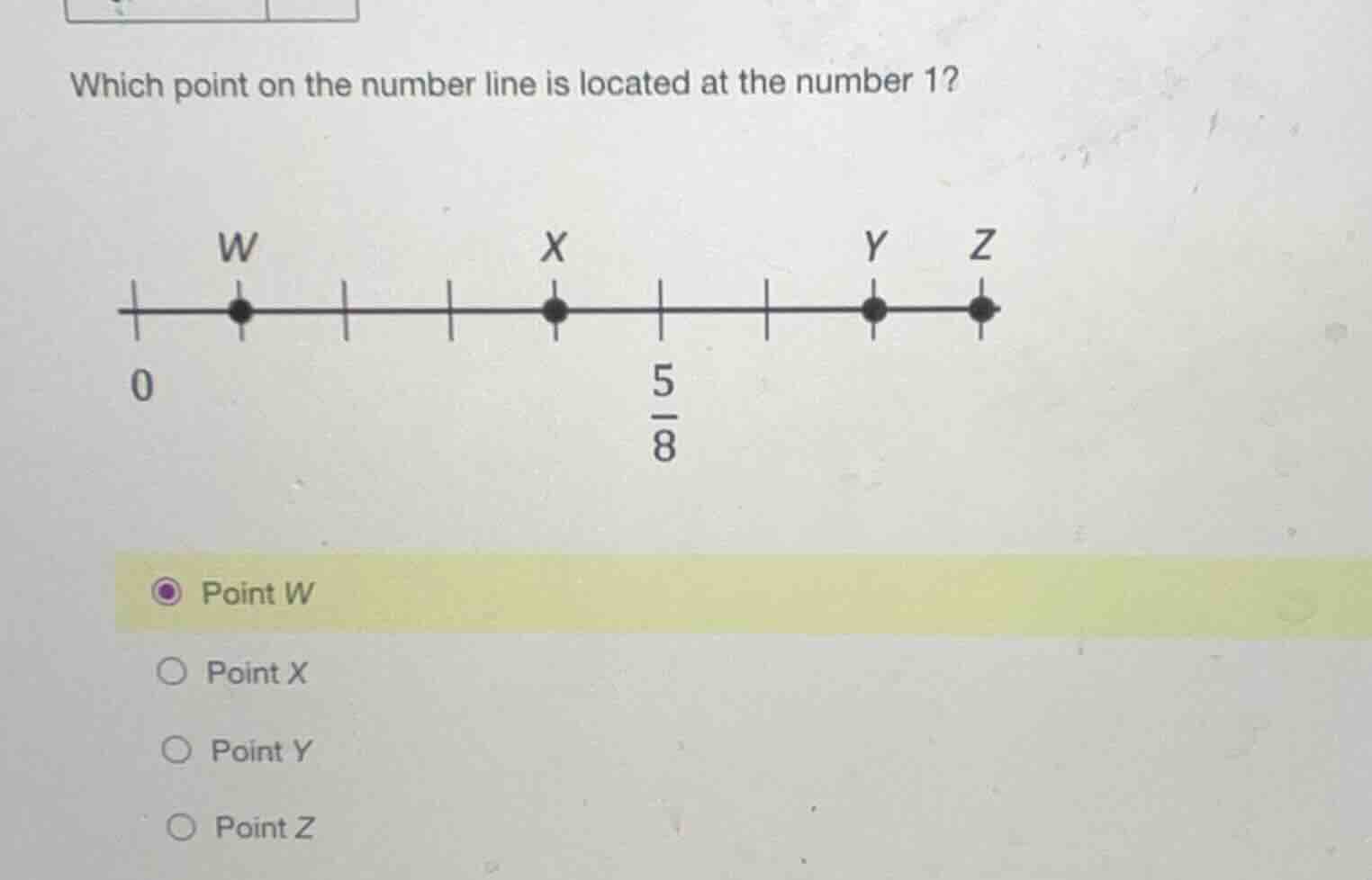 which point on the number line is located at the number 1? w x y z 0 \\…