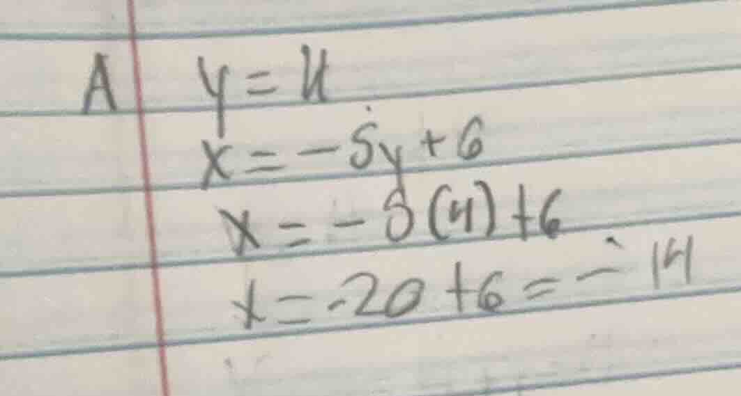 a $y = 4$ $x = -5y + 6$ $x = -5(4) + 6$ $x = -20 + 6 = -14$