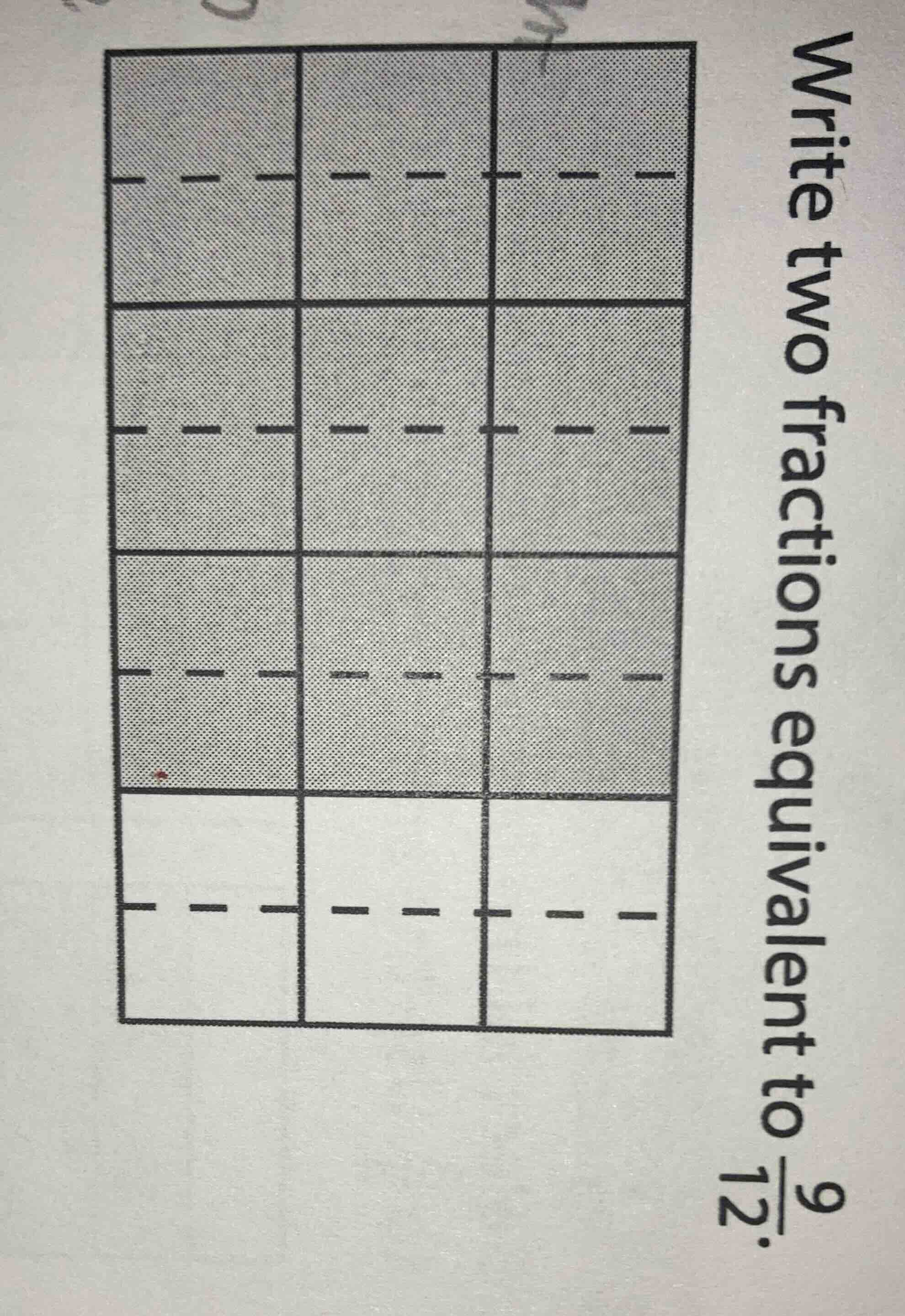 write two fractions equivalent to \\(\\frac{9}{12}\\).