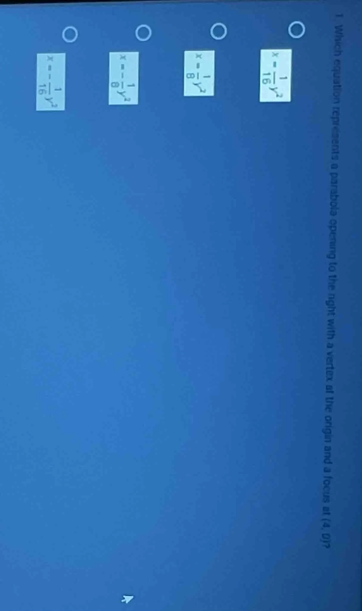 1 which equation represents a parabola opening to the right with a vert…