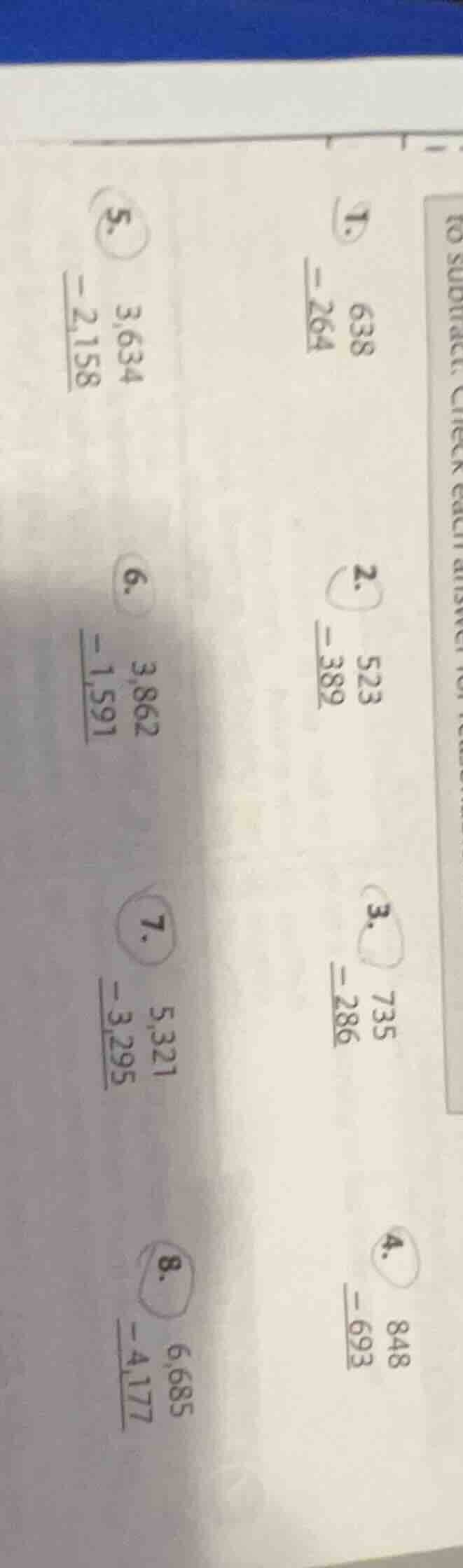 to subtract. check each answer 1. \\begin{array}{r} 638\\\\ -264\\\\ \\…