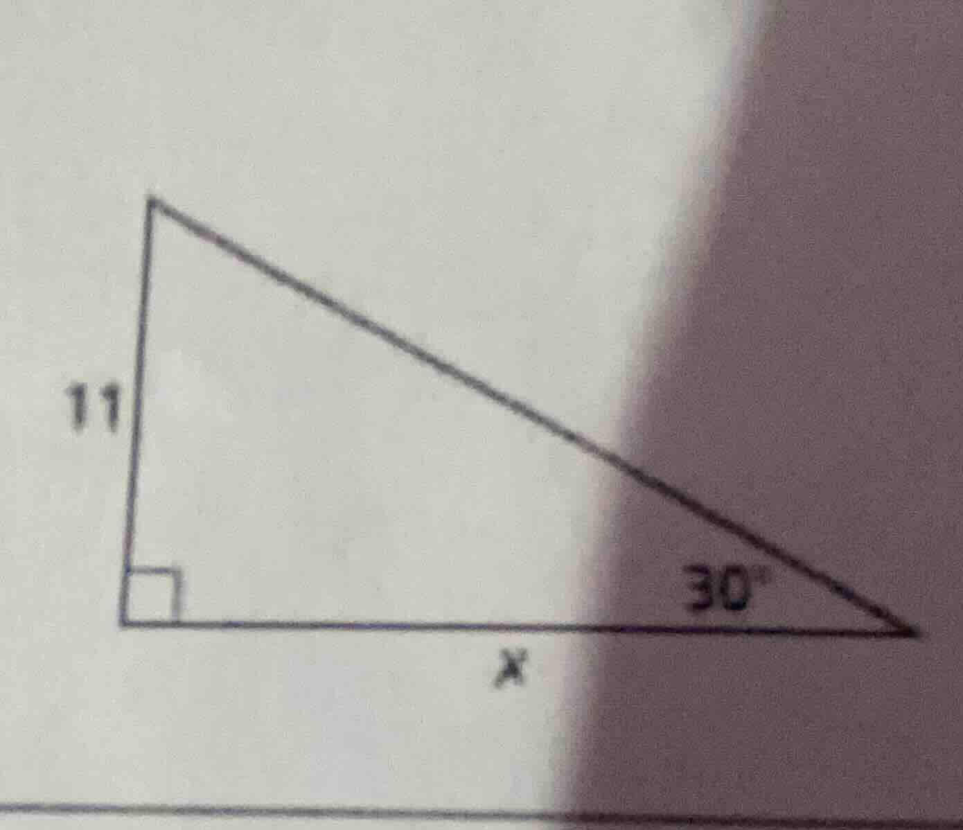in the right triangle, one leg is 11, the acute angle is 30°, and the o…