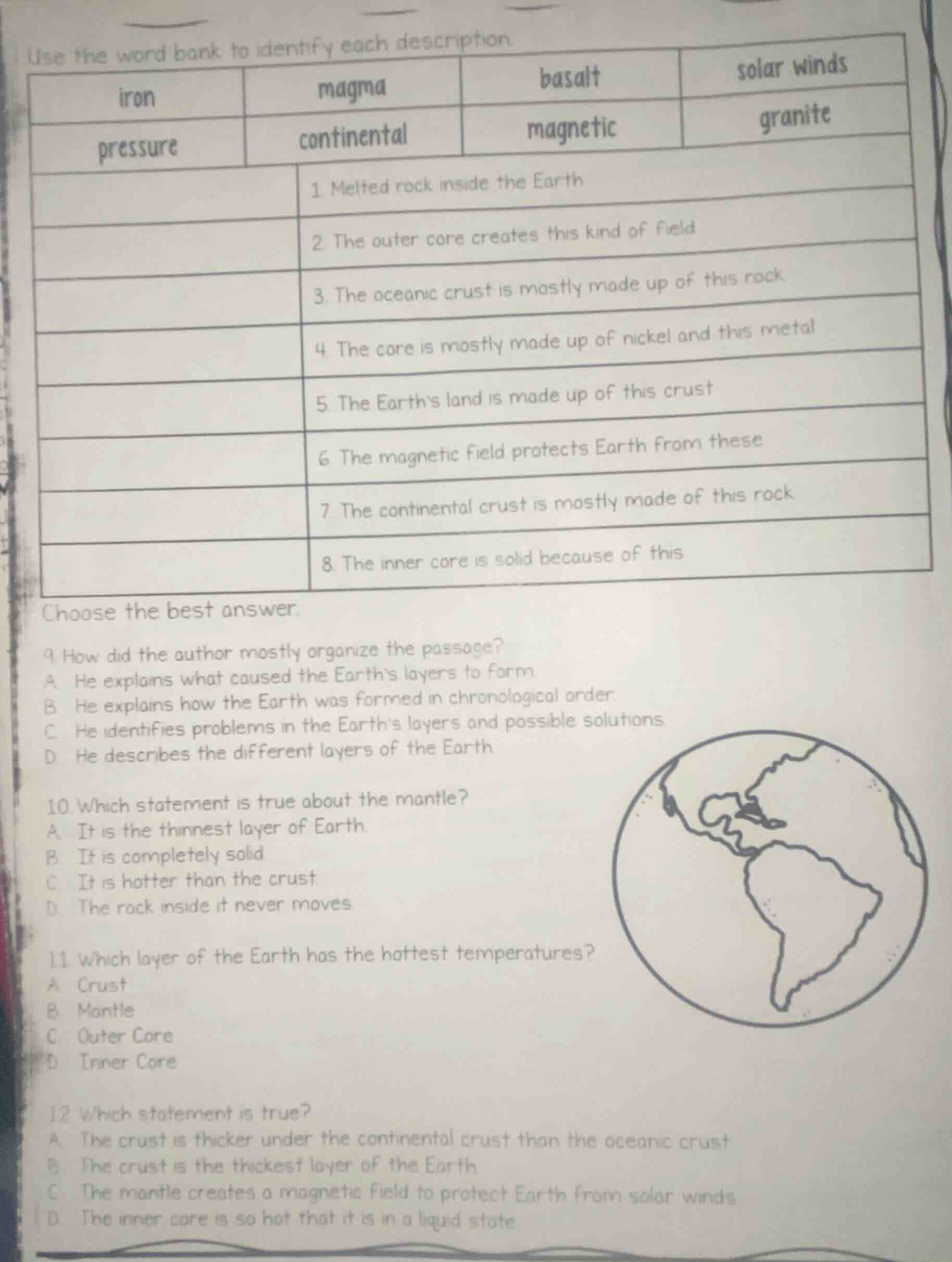 use the word bank to identify each description iron\tmagma\tbasalt\tsol…