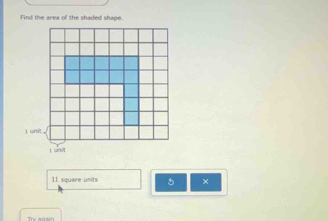 find the area of the shaded shape. 1 unit 1 unit 11 square units