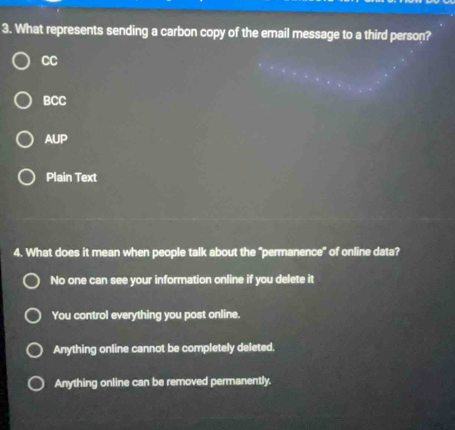 3. what represents sending a carbon copy of the email message to a thir…