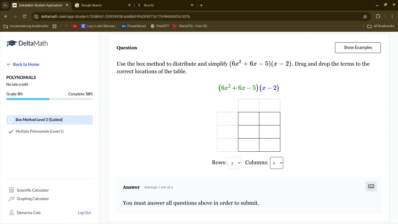use the box method to distribute and simplify $(6x^2 + 6x - 5)(x - 2)$.…