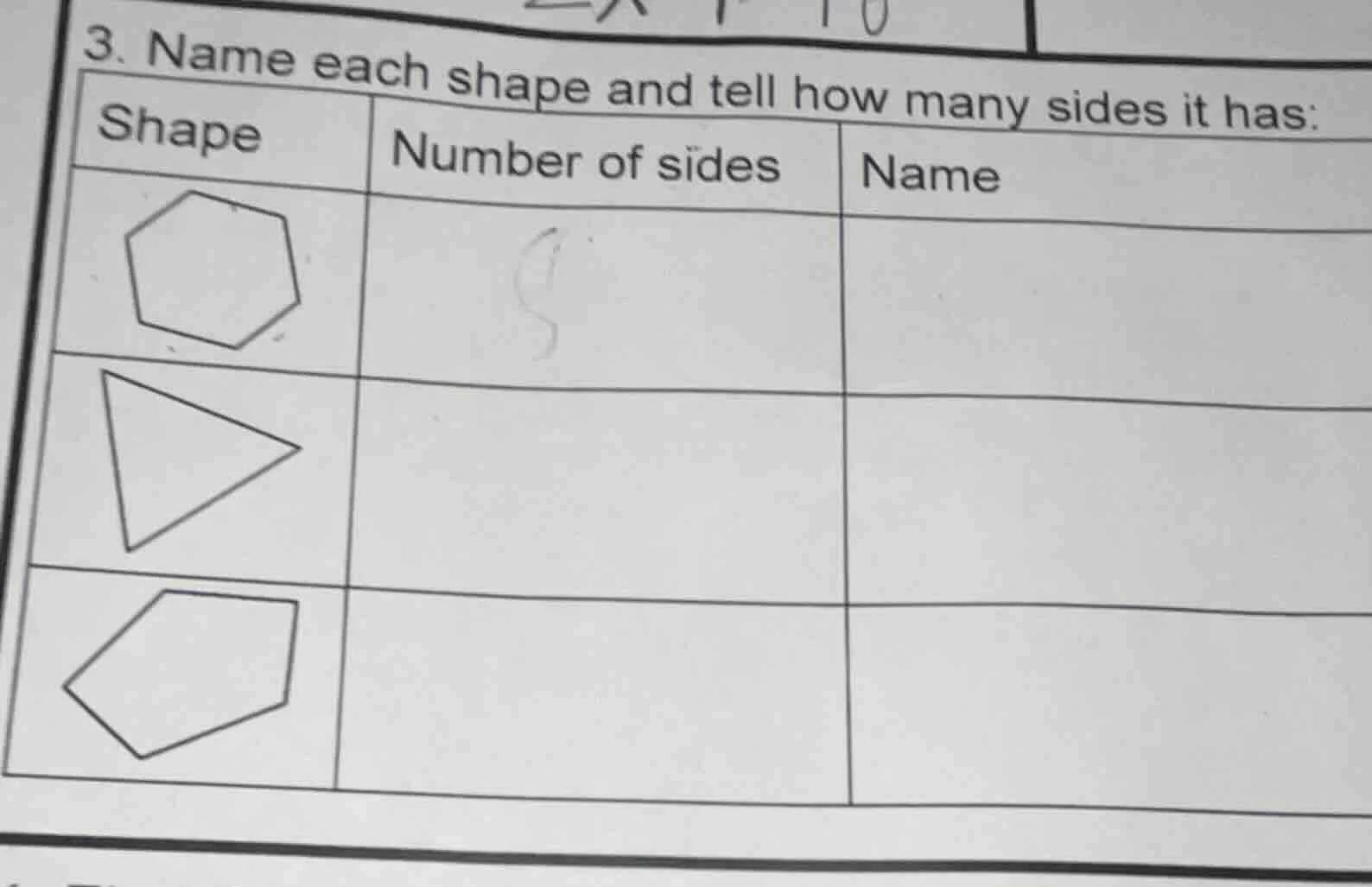 3. name each shape and tell how many sides it has: | shape | number of …