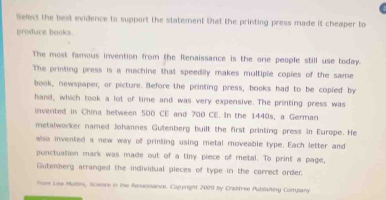 select the best evidence to support the statement that the printing pre…