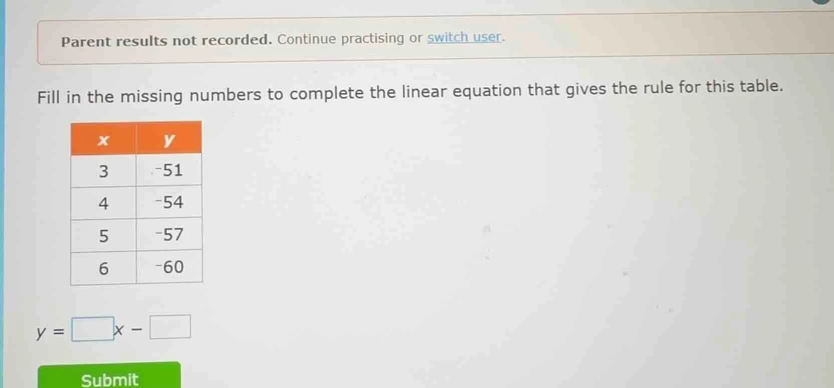 parent results not recorded. continue practising or switch user. fill i…