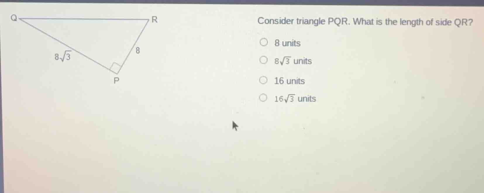 consider triangle pqr. what is the length of side qr? 8 units 8√3 units…