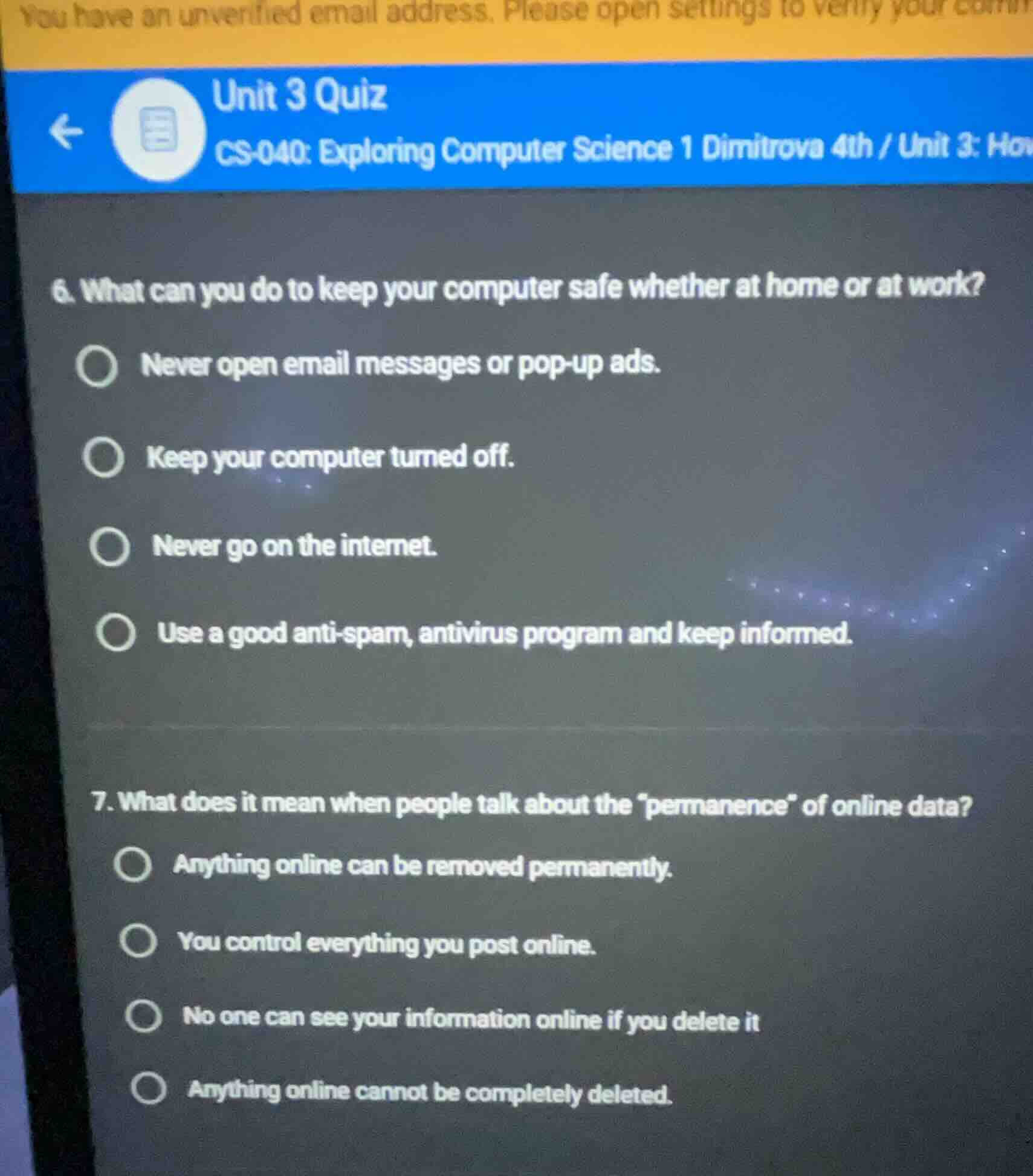 unit 3 quiz cs-040: exploring computer science 1 dimitrova 4th / unit 3…