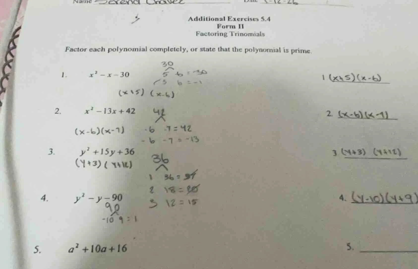 additional exercises 5.4 form ii factoring trinomials factor each polyn…