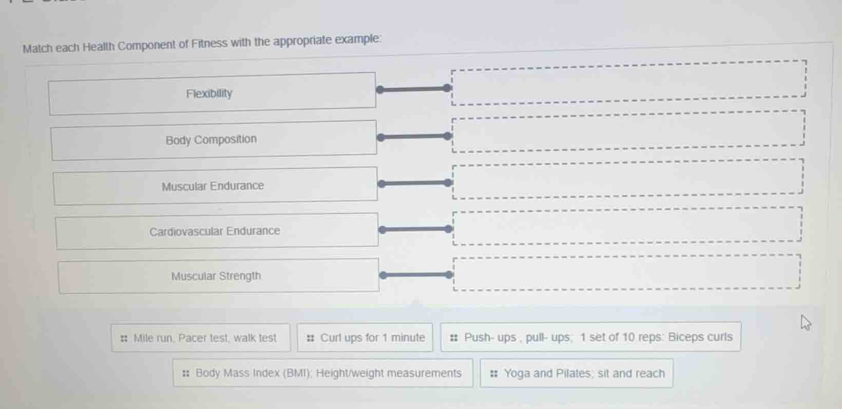match each health component of fitness with the appropriate example: fl…