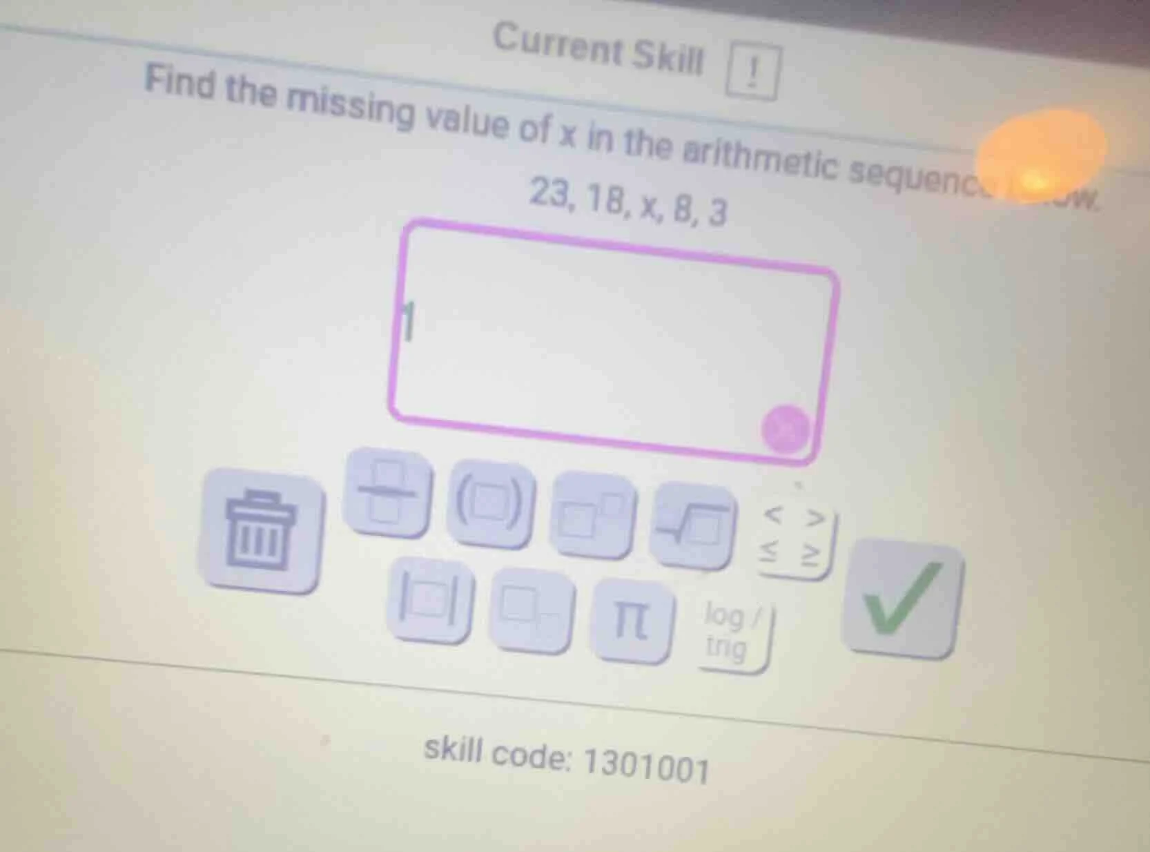 find the missing value of x in the arithmetic sequence 23, 18, x, 8, 3