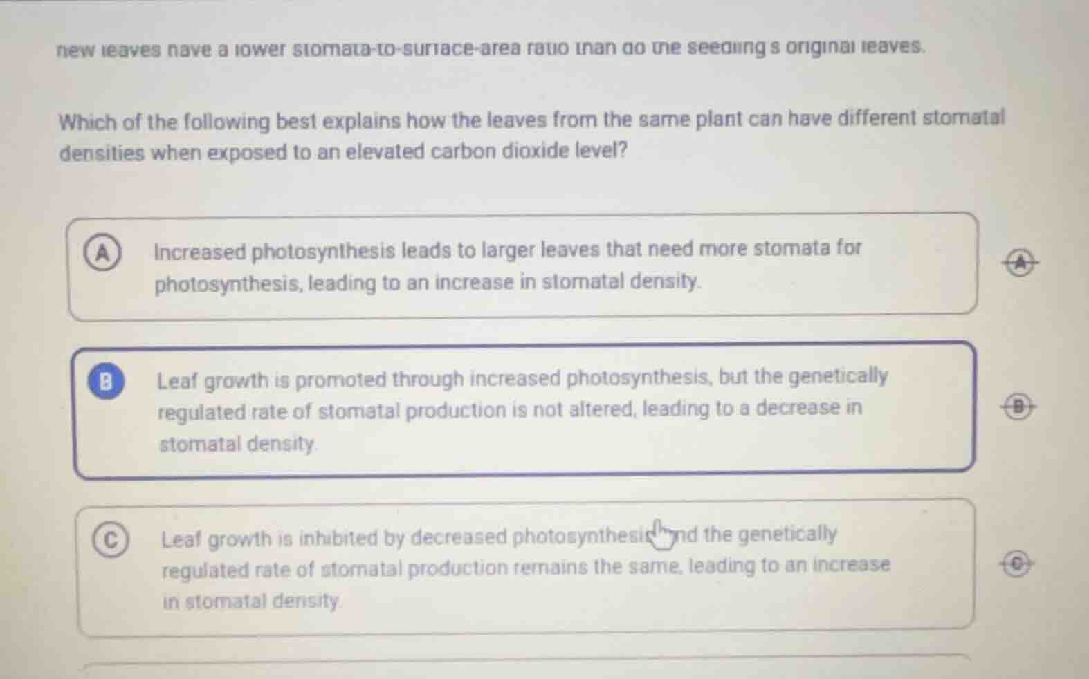 new leaves have a lower stomata - to - surface - area ratio than do the…