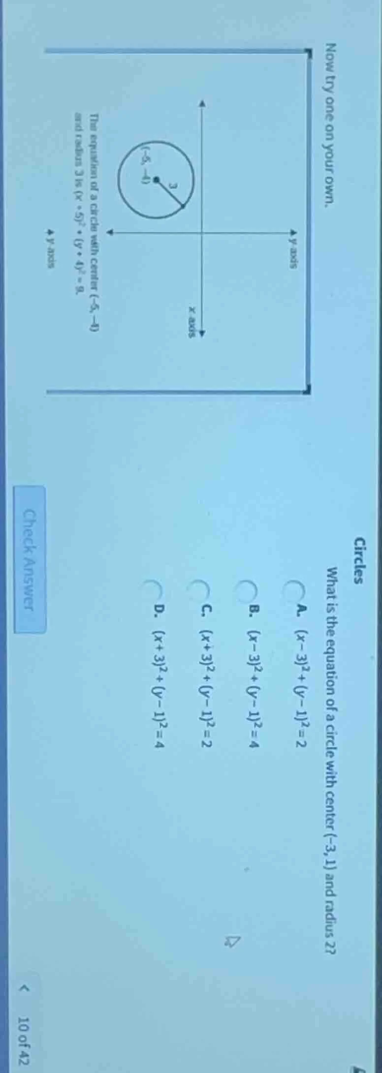 circles what is the equation of a circle with center (-3,1) and radius …