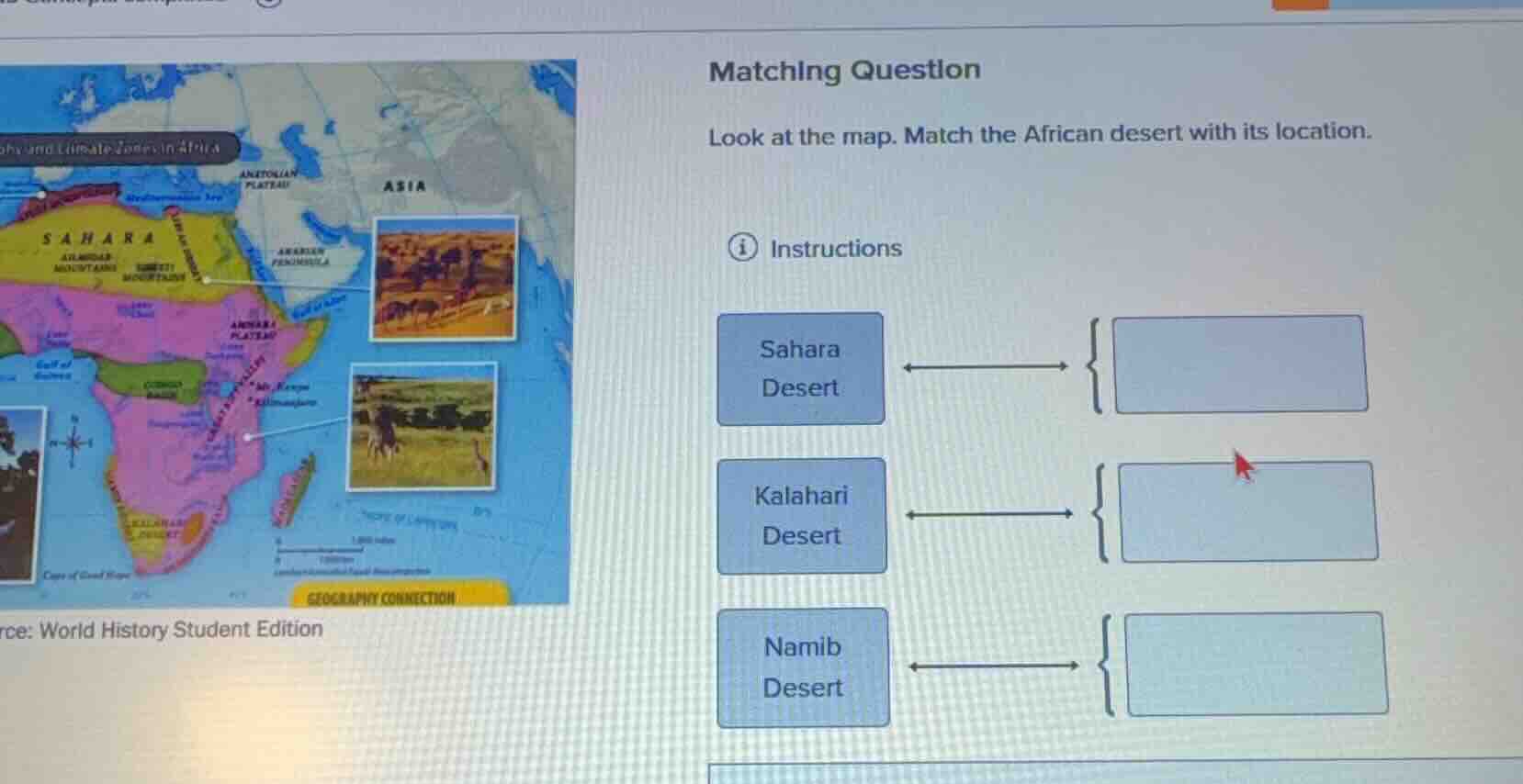 matching question look at the map. match the african desert with its lo…