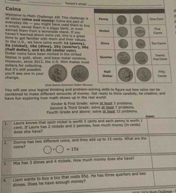 coins welcome to math challenge #8! this challenge is all about coins a…