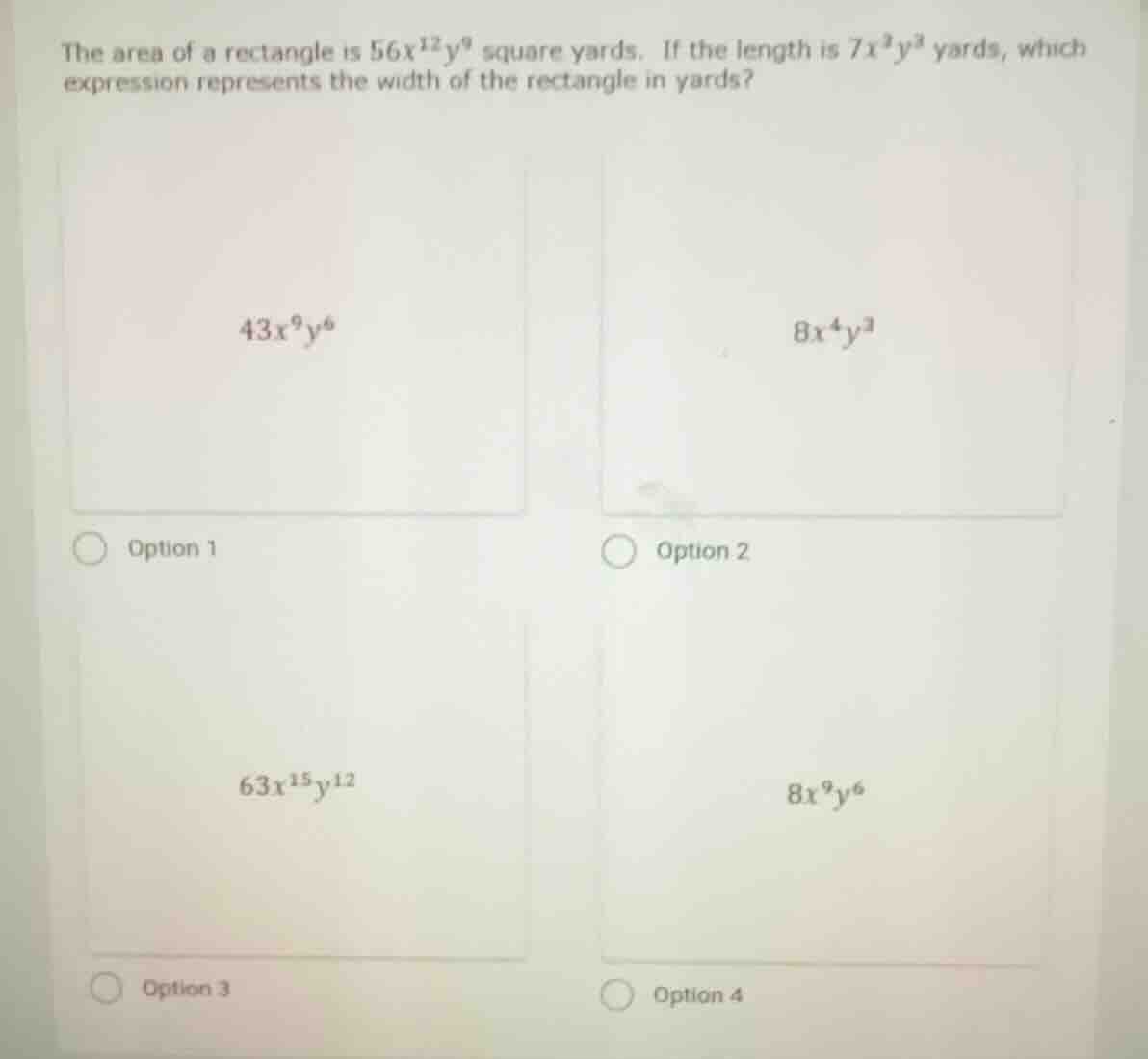 the area of a rectangle is $56x^{12}y^9$ square yards. if the length is…