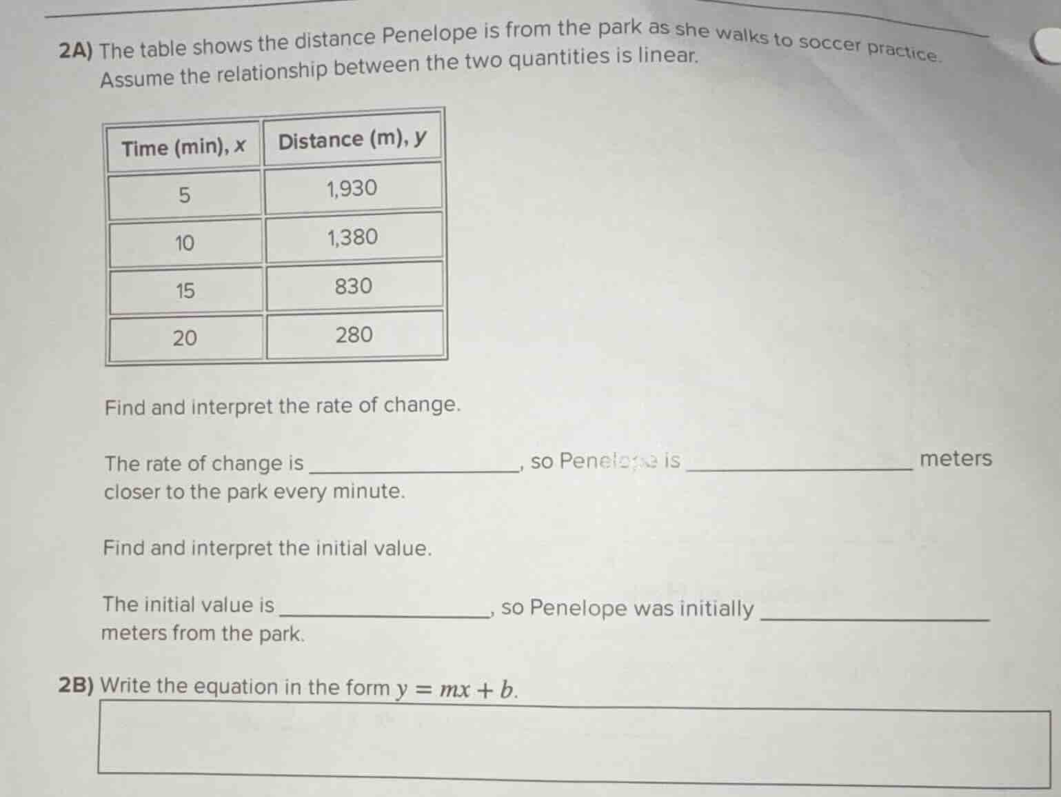 2a) the table shows the distance penelope is from the park as she walks…